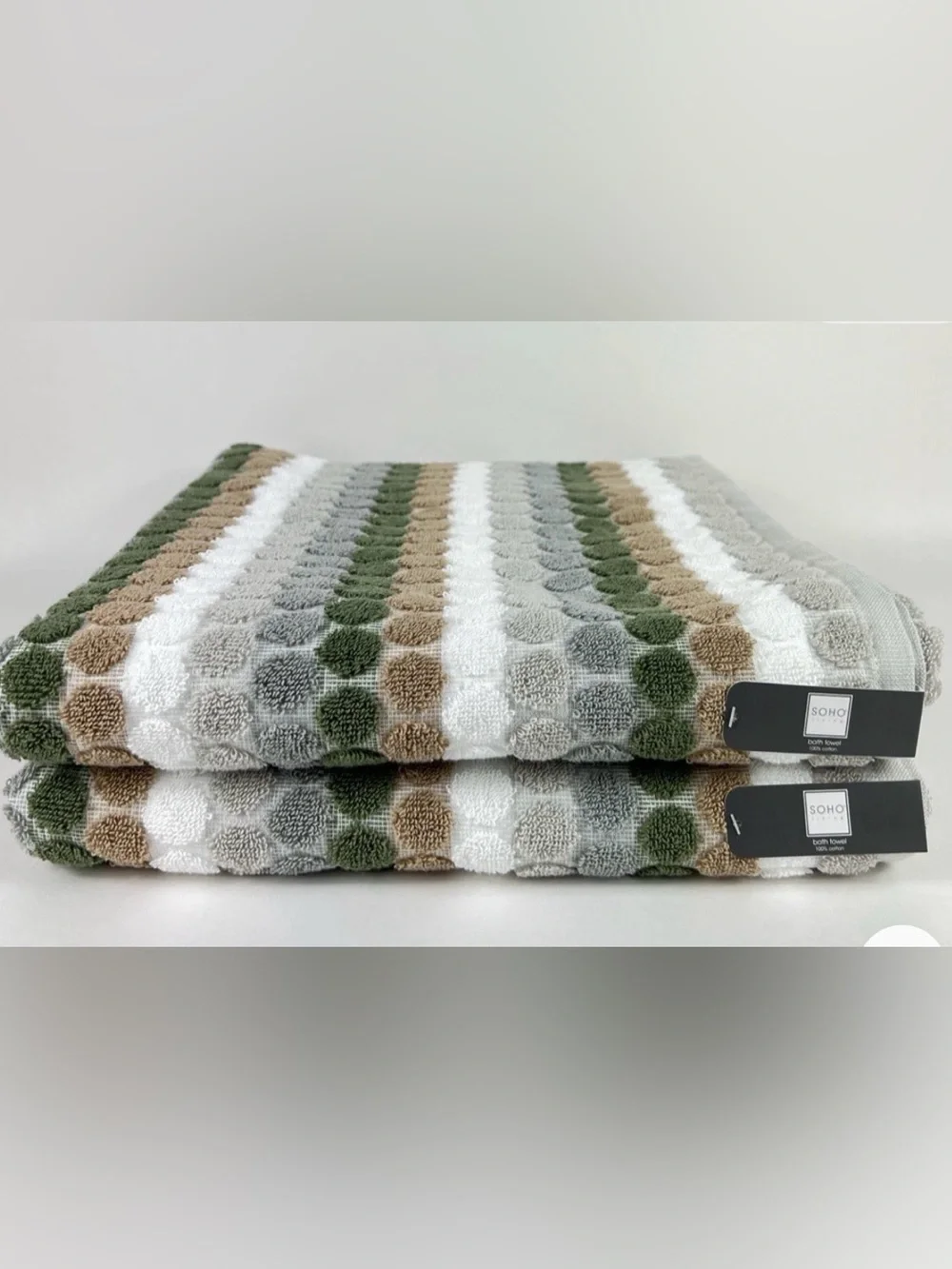Soho Olive Green, Gray & Tan Striped Bath Towels - Set of 2
